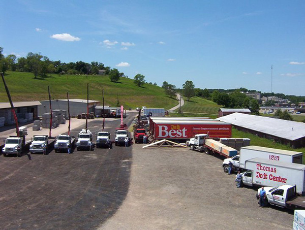 Aerial photo of a fleet of trucks in a parking lot
